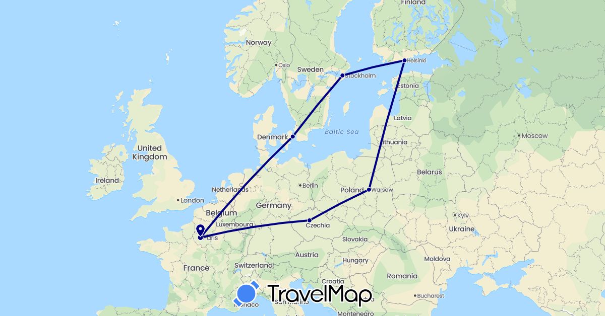 TravelMap itinerary: driving in Czech Republic, Denmark, Finland, France, Poland, Sweden (Europe)